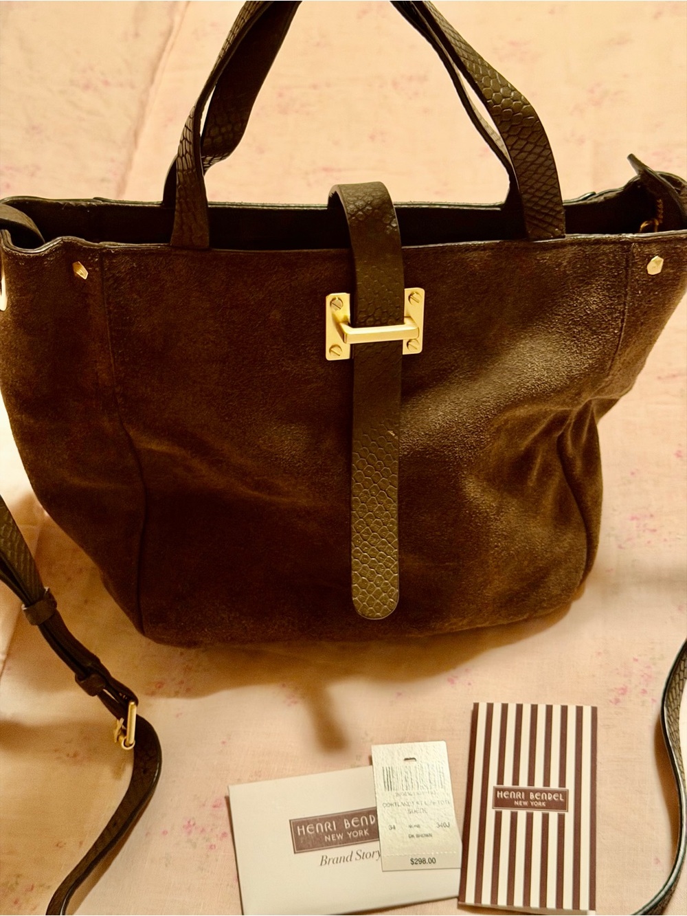 Henri Bendel Dark Brownish green Suede Tote with Gold Hardware *New